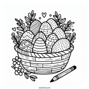 Easter Coloring Page Of Simple Easter Eggs In A Large Basket For Kids