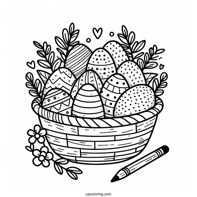Easter Coloring Page Of Simple Easter Eggs In A Large Basket For Kids