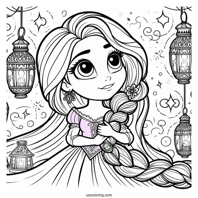 Tangled Princess Coloring Page Of Rapunzel With Lanterns In Background