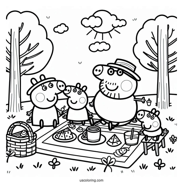 Peppa Pig Family Having A Picnic Coloring Page
