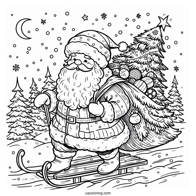 Santa Claus Hauling a Christmas Tree In The Snow