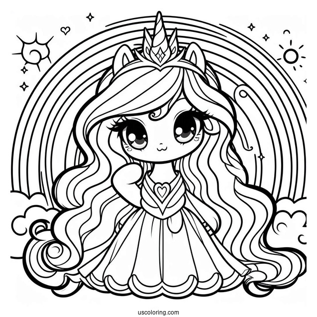 Cute Chibi Princess Celestia Coloring Page With Rainbow In The Background