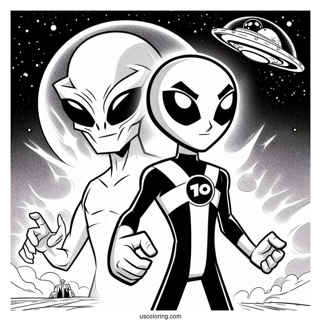 Ben 10 Coloring Page Of Feedback Alien Standing Behind Ben
