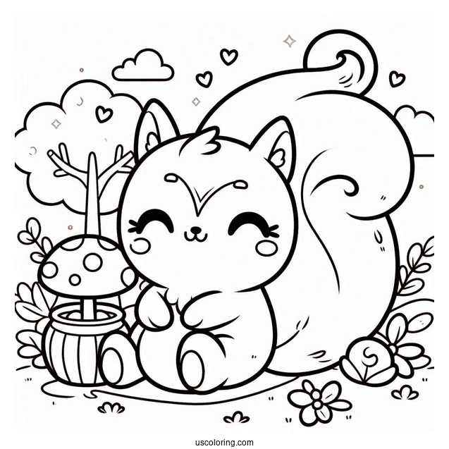 Kawaii Squirrel Coloring Page For Preschoolers