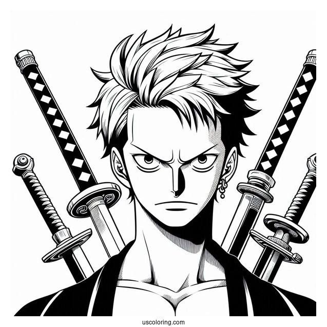 One Piece Coloring Page Of Roronoa Zoro With Three Swords