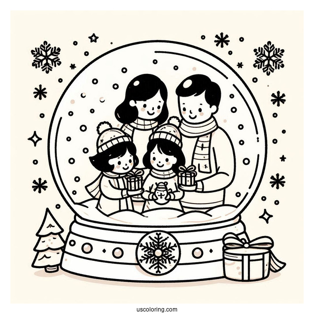 Family Celebrating Christmas Snow Globe Coloring Page