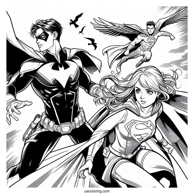 Nightwing And Supergirl Coloring Page Fighting Bad Guys