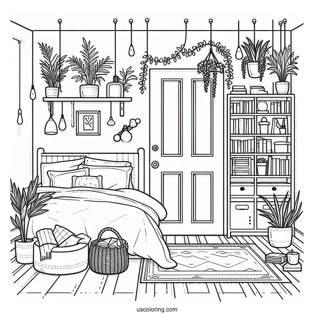 Bedroom Coloring Page Of Tiny Studio Apartment With Bookshelf And Plants