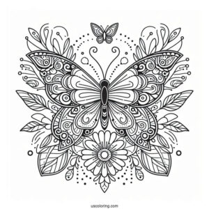 Complex Butterfly Coloring Page And Flower Mandala