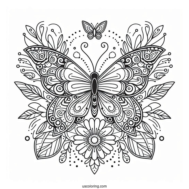 Complex Butterfly Coloring Page And Flower Mandala