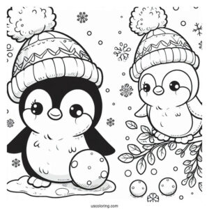 Cute Baby Penguin With Snow Balls Coloring In
