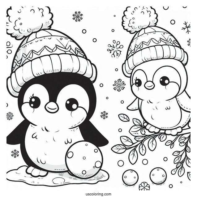Cute Baby Penguin With Snow Balls Coloring In