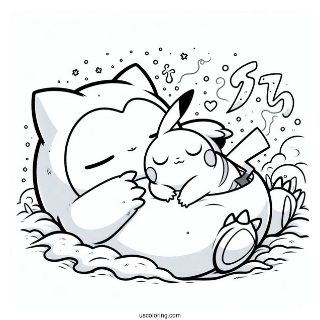 Pikachu Sleeping On Top Of Snorlax Coloring Page In Winter