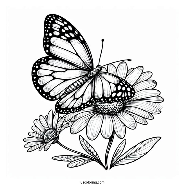 Side Profile Of Butterfly On A Daisy Coloring Sheet