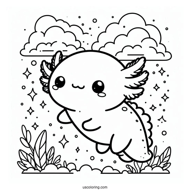 Kawaii Baby Axolotl Coloring Page In The Clouds For Kids