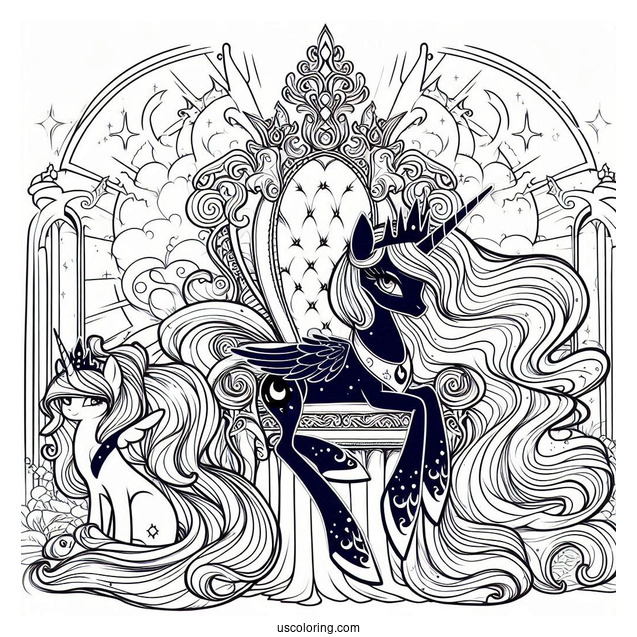 Detailed Princess Luna Coloring Page And Princess Celestia On The Throne