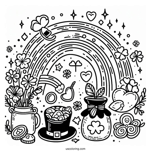 Happy St Patrick_s Day Coloring Page With Rainbow And Lucky Charms