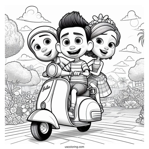 Pixar Coloring Page of Luca, Alberto, And Guila Riding Scooter