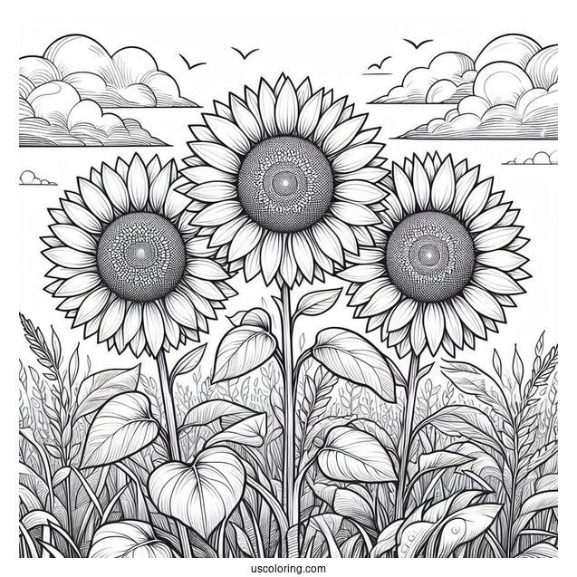 Three Sunflowers In Field Coloring