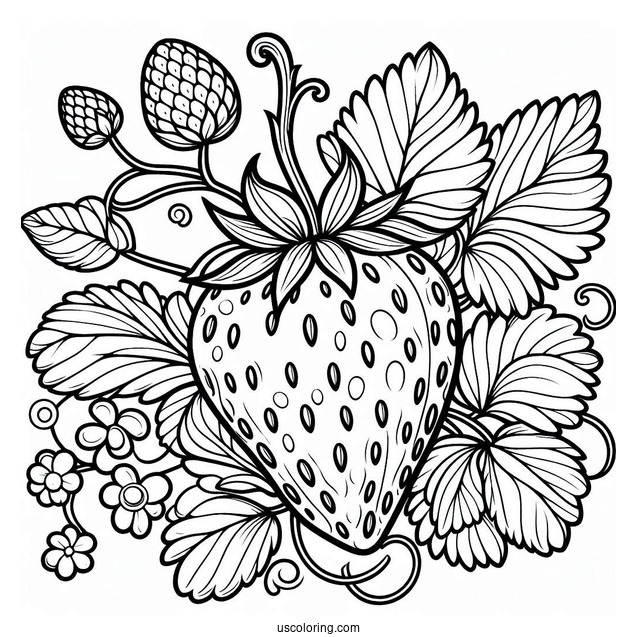 Large Cute Strawberry Coloring Page On A Vine