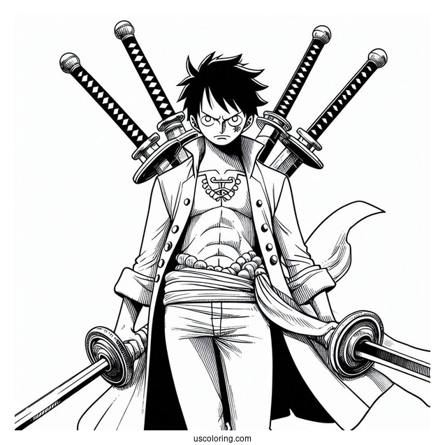 One Piece Coloring Page Of Roronoa Zoro With Three Swords