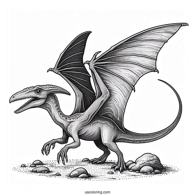 Pterodactyl Coloring Page With Textured Skin And Detailed Wings