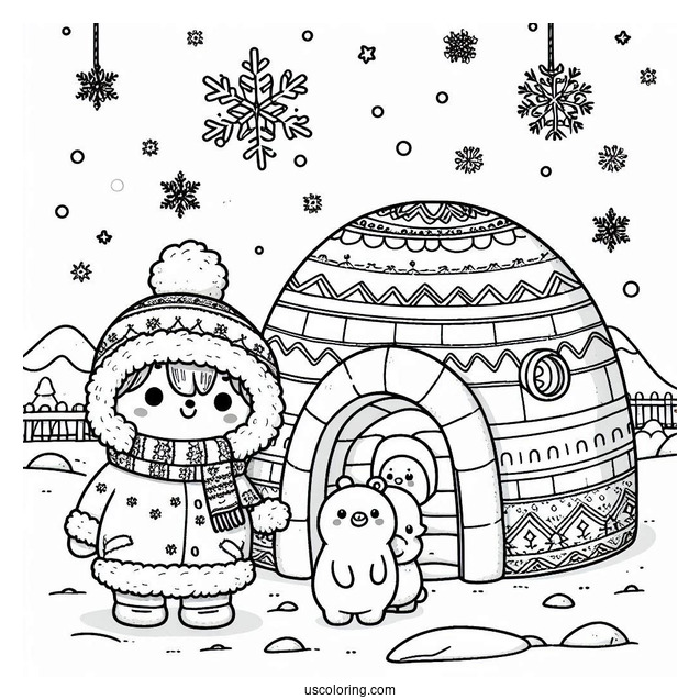 Snowflake Coloring Page Falling On Cartoon Eskimo Family And Igloo