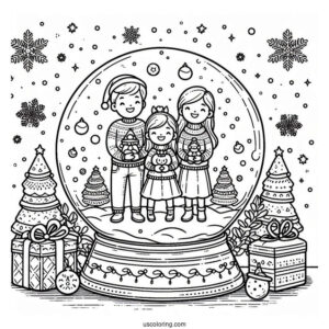 Family Celebrating Christmas Snow Globe Coloring Page