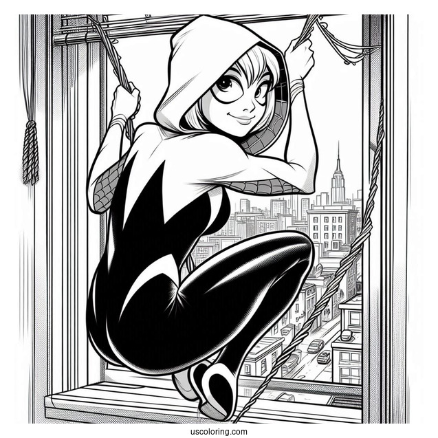 Spider-Gwen Coloring Page Swinging Out Of A Window In Spider Man Multiverse