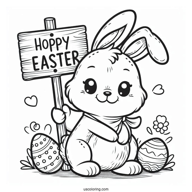 Easter Bunny Coloring Page Holding Hoppy Easter Sign For Kids