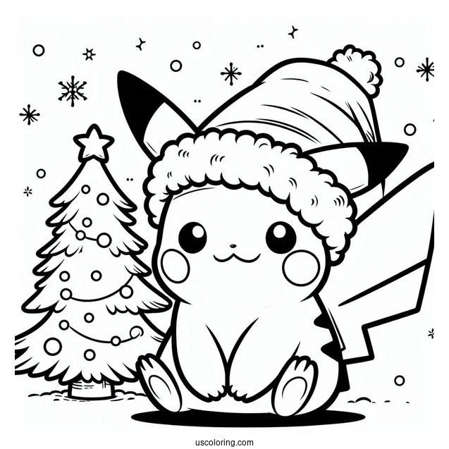 Cute Pikachu Wearing Santa Hat Christmas Coloring Sheet