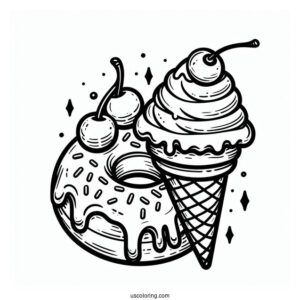 Ice Cream Donut Coloring Page On A Cone With Cherry On Top