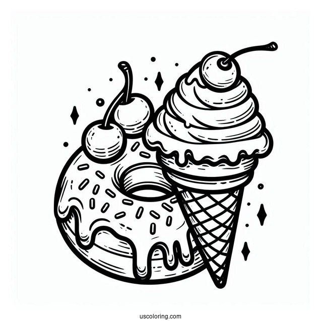 Ice Cream Donut Coloring Page On A Cone With Cherry On Top