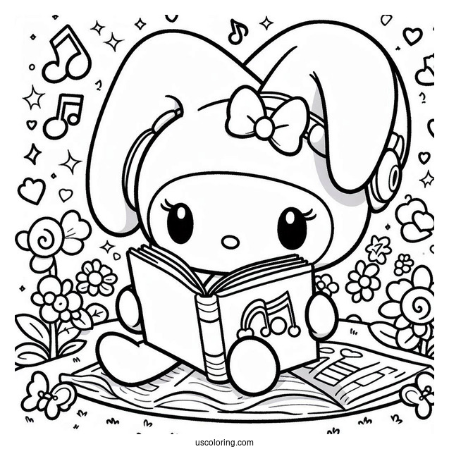 My Melody Coloring Page Reading Book With Flat And Risu