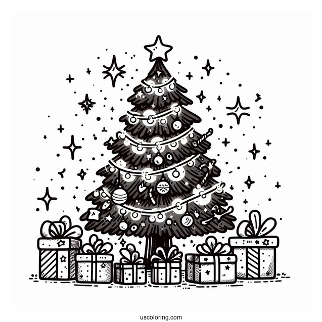 Christmas Tree With Light, Tinsel And Presents