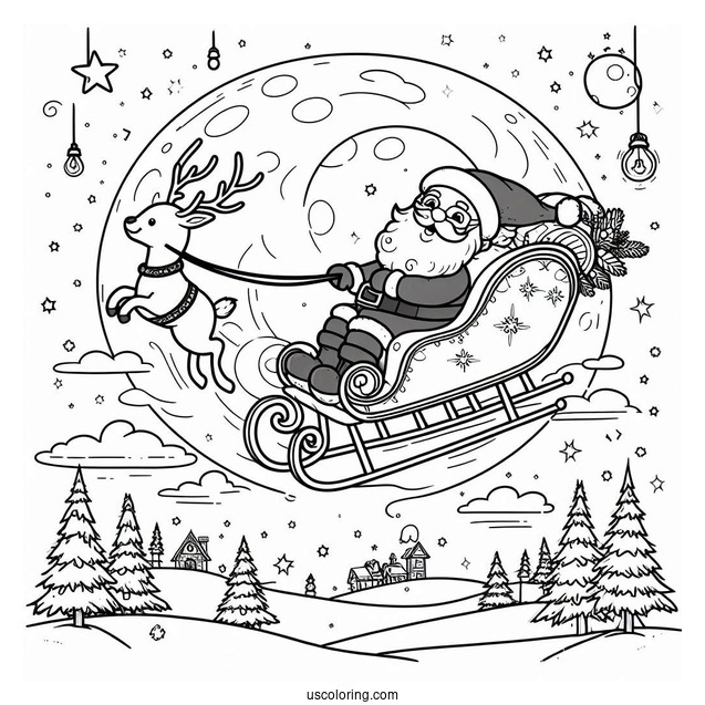 Santa Flying On A Sleigh Over The North Pole Coloring Page For Kids