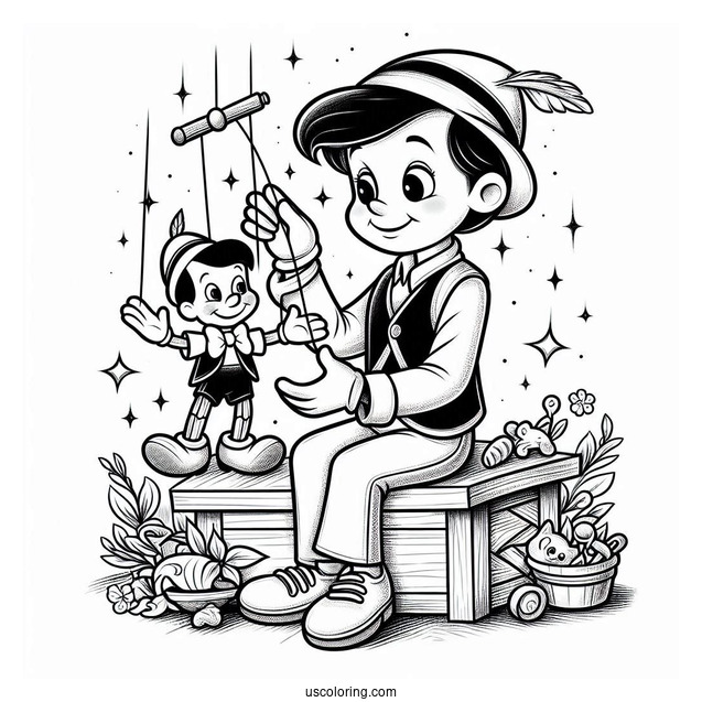 Figaro Playing With Puppet Pinocchio Coloring Page In Workshop
