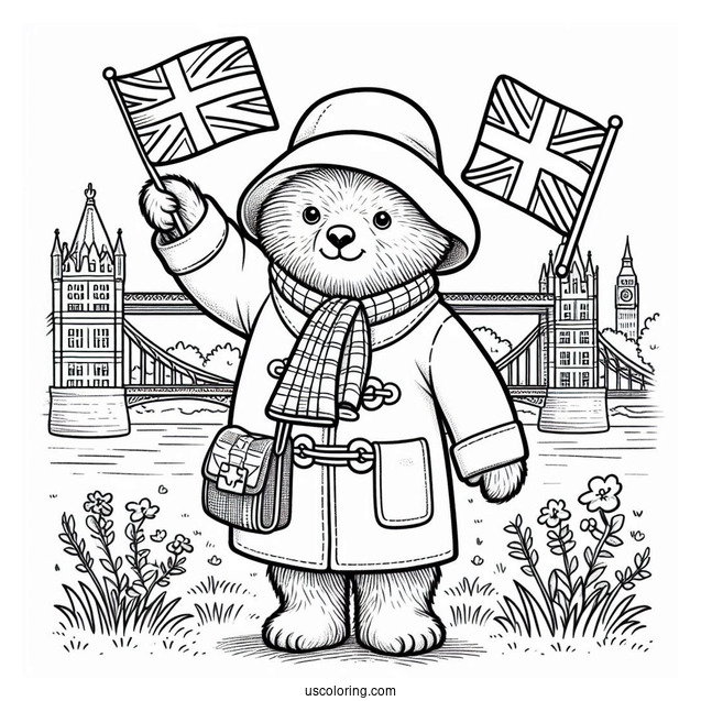 Cute Paddington Coloring Page Bear Waving The British Flag In Front Of London Bridge