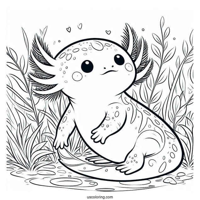 Adorable Little Axolotl Coloring Page Surrounded By Weeds