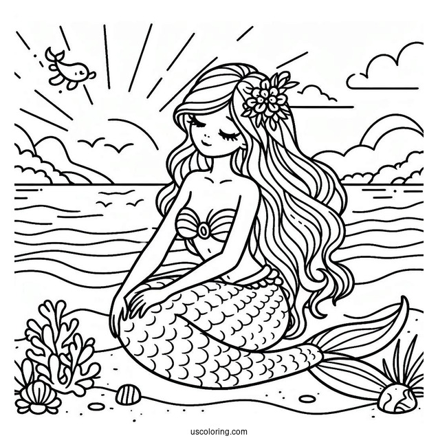 Mermaid Sitting On The Beach Coloring Sheet For Kids