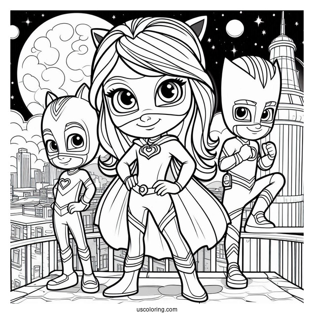 PJ Masks Coloring Page Of Luna Girl, Romeo, And Night Ninja On Rooftop At Night
