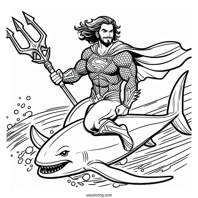 Aquaman Coloring Page Holding his Trident While Riding A Manta Ray