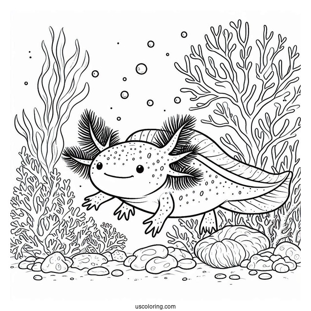Swimming Axolotl Coloring Page Surrounded By Corals
