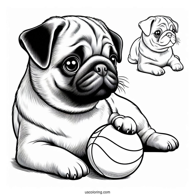 Realistic Looking Pug With Ball To Color