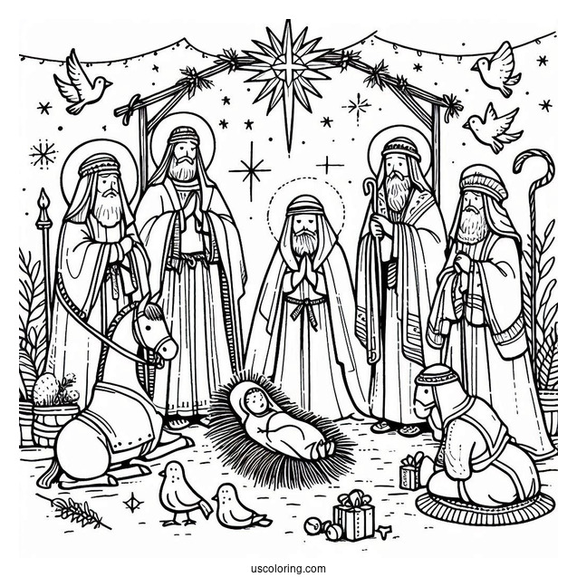 Simple Nativity Coloring Page With The Wise Men