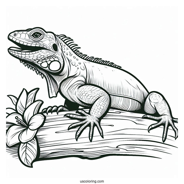Lizard Coloring Page of Green Iguana With Mouth Open