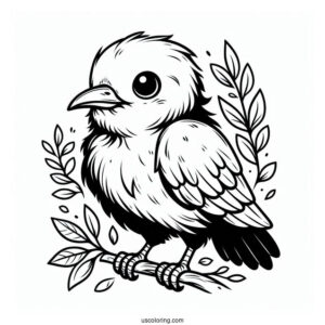 Baby Raven Coloring Page With Leaves For Kids