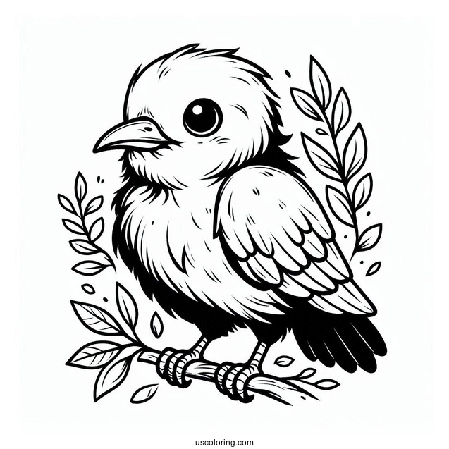 Baby Raven Coloring Page With Leaves For Kids