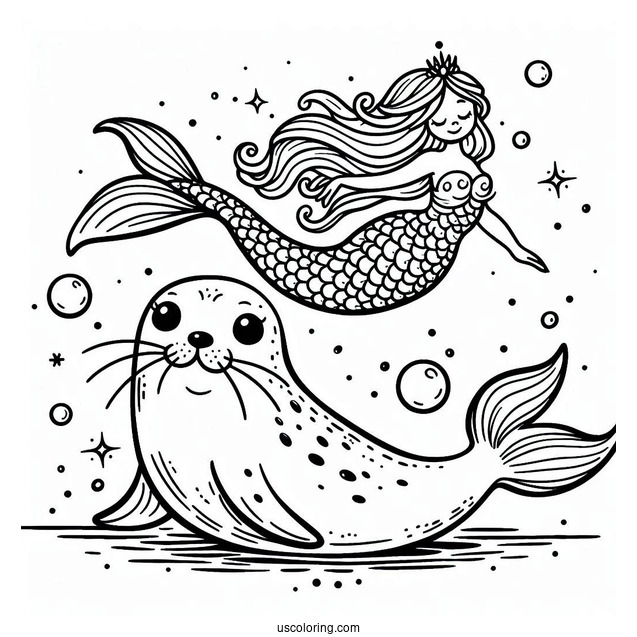 Seal Coloring Page Swimming With A Mermaid