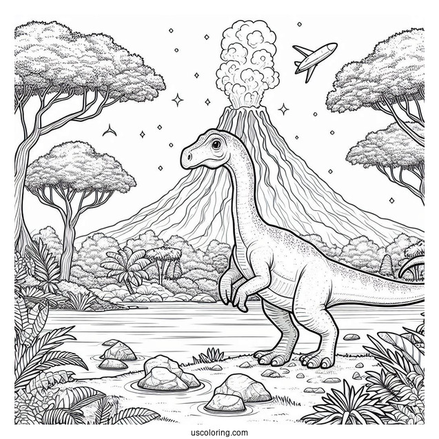 Parasaurolophus Coloring Page Standing In Front Of Volcano